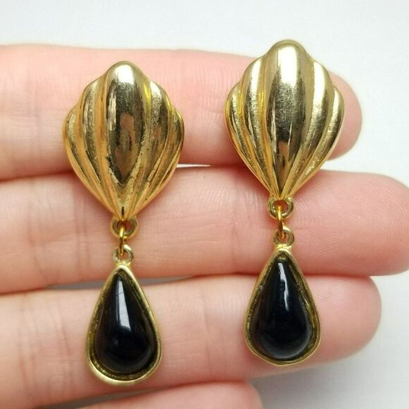 Vintage Gold Tone and Black Drop Dangle Clip On Earrings, Retro 80s 90s Style - Picture 1 of 6